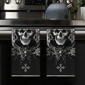 Set of 2 Halloween Skull Hand Towels Kitchen Dish Cloths Gothic Goth Horror NWOT